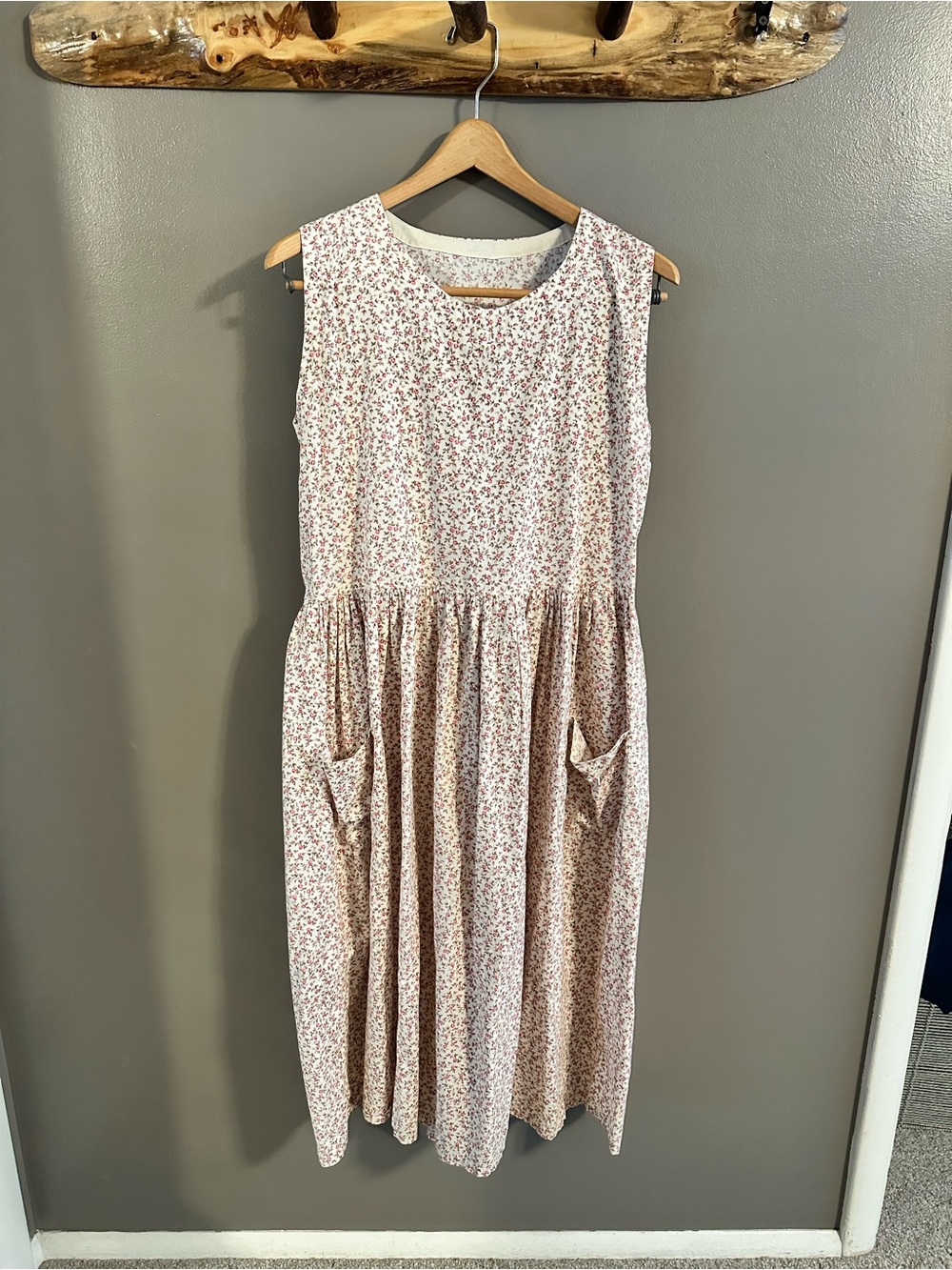 Cottagecore Cream and Pink Floral Sleeveless Cotton Babydoll Maxi Dress